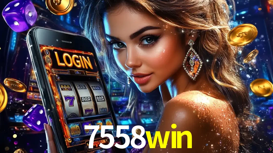 Mulher glamorosa segurando um smartphone com a tela de login para os jogos de caça-níqueis do cassino online 7558win, com moedas de ouro e dados ao redor.