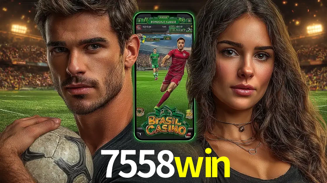 Homem segurando uma bola de futebol e uma mulher ao lado de um smartphone exibindo o jogo de apostas esportivas da 7558win. Faça seu palpite no cassino online.